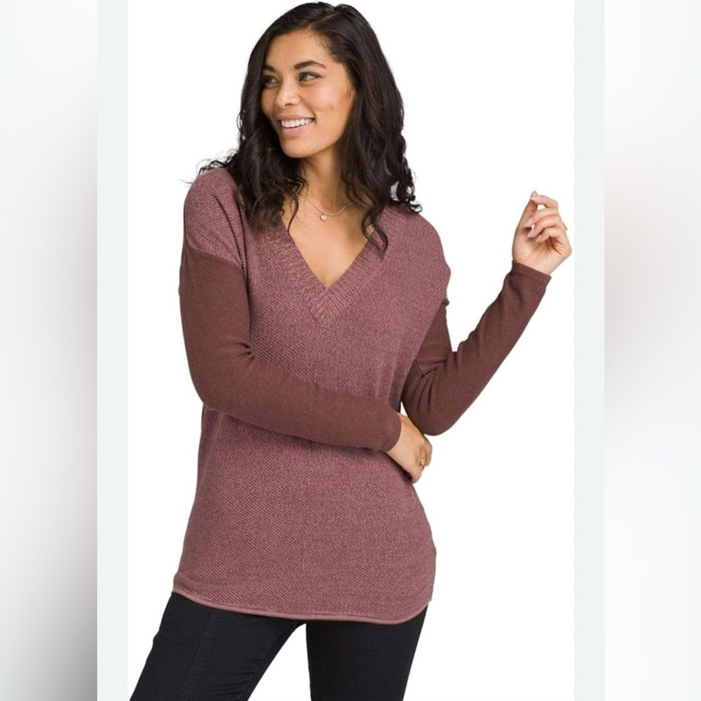 Prana Cedros Cocoa Contrasting Long Sleeve V Neck Knit Lightweight Sweater Small